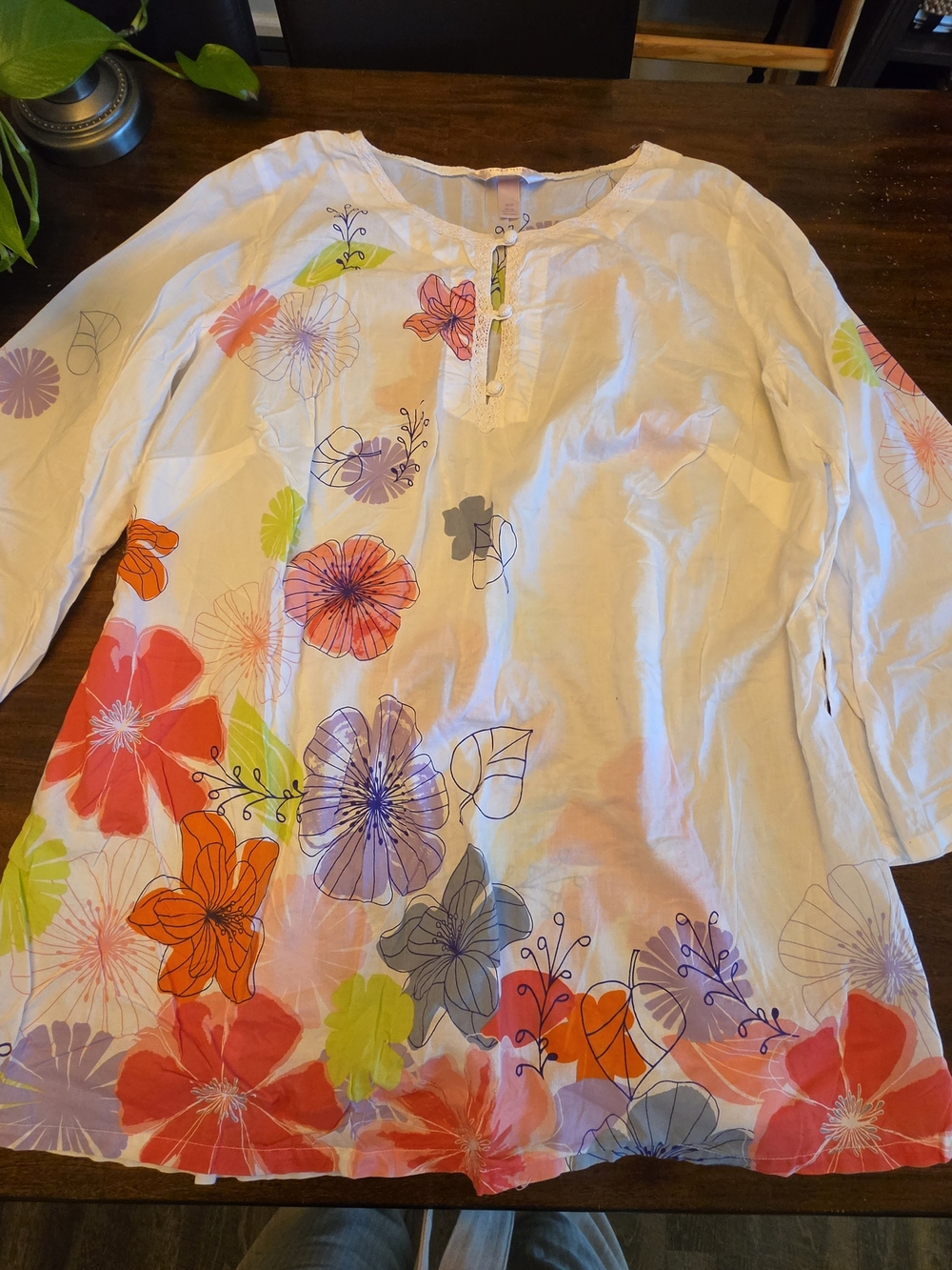 Cacique Floral Tunic White Peasant Top Boho 3/4 Sleeve Size 18/20